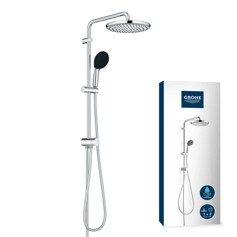 GROHE Vitalio Start 250 - Shower System with Diverter (Round 25 cm Head Shower 2 Sprays: Rain and SmartRain, Round 11 cm Hand Shower 2 Sprays: Rain and Jet, 2 Hoses, Water Saving), e, 26680001