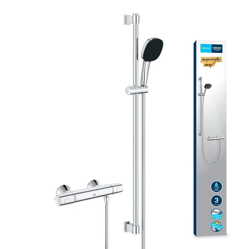 GROHE Precision Trend - Exposed Thermostat Shower Set With Square 11 cm Hand Shower, 3 Sprays, 1.75 m Hose, 90 cm Rail, Safety Functions, Water Saving, Chrome, 34855003