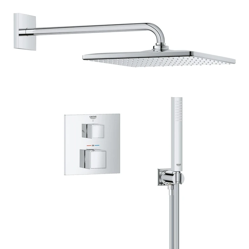GROHE Precision Cube - Concealed Shower System with 2 Outlets Thermostat (Cube 31 cm Head Shower Mono Rain Spray and Stick Hand Shower 1 Spray, Hose 1.5m, Square Trim), Chrome, 34879000