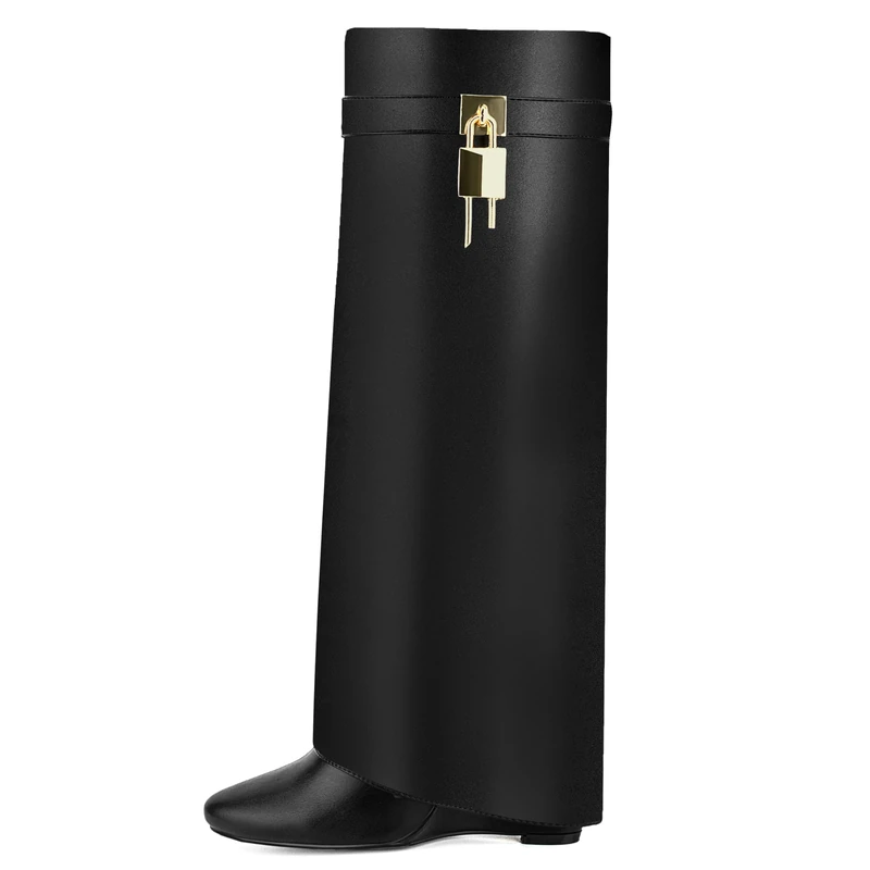 HYYH CFPL Fold Over Knee High Boots for Women Pointy Pull-on Wedge Heel Knee Shark Boot With Side Zipper Covered Wedge Heel Padlock Boot, Black, 5.5