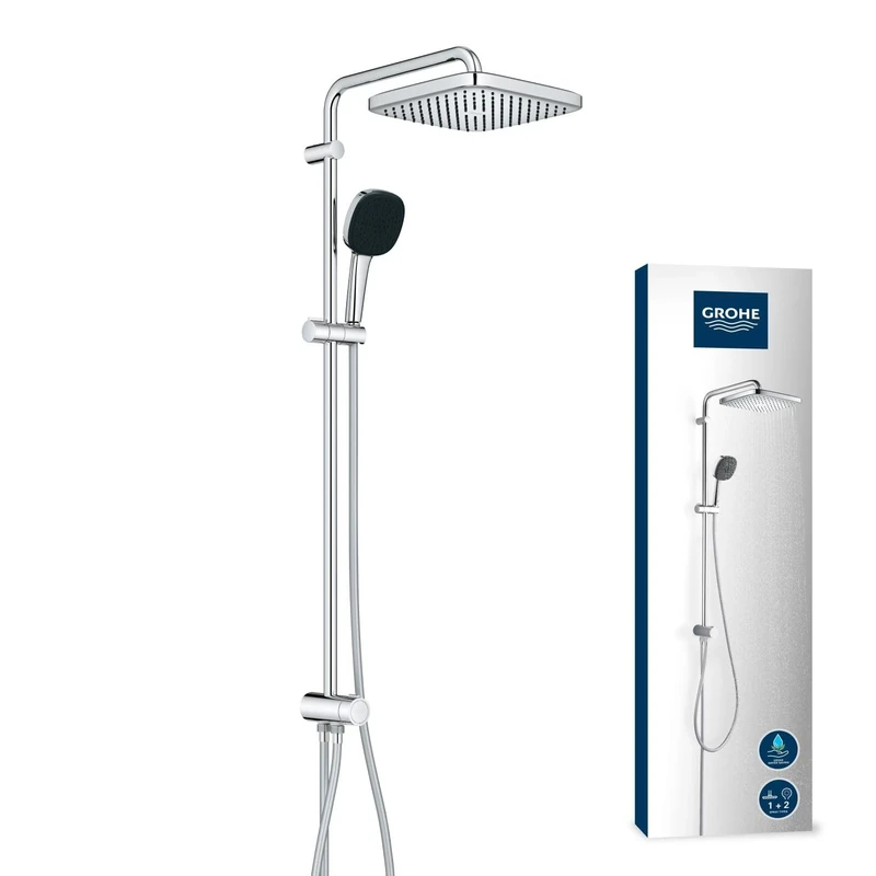 GROHE Vitalio Comfort 250 Flex - Shower System with Diverter (Square 25cm Head Shower 2 Spray Rain & SmartRain, Square 11cm Hand Shower 2 Spray: Rain & Jet, Hose 1.5m, Water Saving), Chrome, 26986001