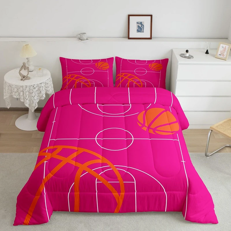 Basketball Comforter Set Full Size Kids Basketball Court Comforter for Boys Girls Teens Gaming Sports Bedding Set Breathable Sports Theme Rose Duvet Set Room Decor Quilt Set