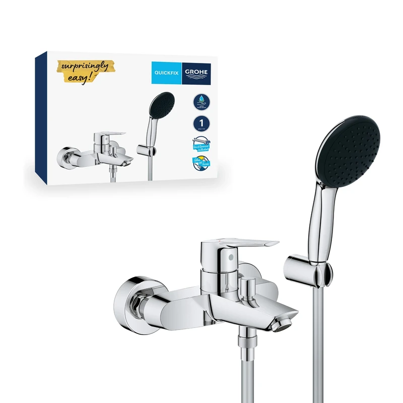 GROHE Start QuickFix – Single Lever Bath Filler Mixer Tap Set (Diverter: Bath/Shower, Round 11cm Hand Shower 1 Spray: Rain, Wall Holder, Shower Hose 1.5m, Water Saving, Wall Mounted), Chrome, 25283002 - Image 1