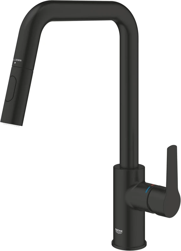 GROHE Start QuickFix – Pull-Out Dual Spray Kitchen Sink Mixer Tap (High U-Spout, 360° Swivel Area, 28 mm Ceramic Cartridge, Tails 3/8 Inch), Easy to Fit with GROHE QuickMount, Matt Black, 306312430