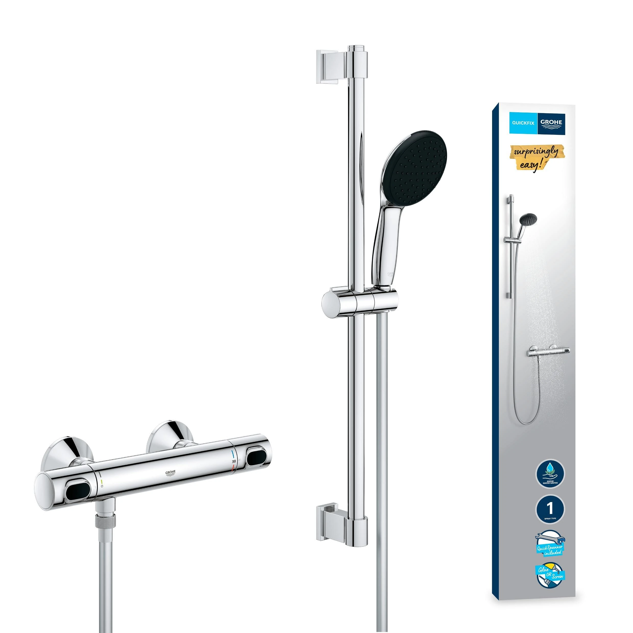 GROHE Precision Flow - Exposed Thermostatic Shower Set (Round 11 cm Hand 1 Sprays: Rain, Hose 1.75 m, Rail 60 cm, Safety Functions, Water Saving), Chrome, 34800001