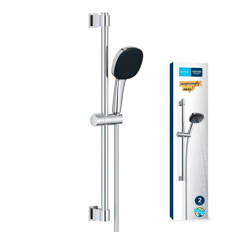 GROHE Vitalio Comfort 110 - Shower Set (Square 11 cm Hand Shower 2 Sprays: Rain & Jet, Shower Hose 1.75 m, Shower Rail 60 cm, Anti-Limescale System), Easy to Fit with GROHE QuickGlue, Chrome, 26928001