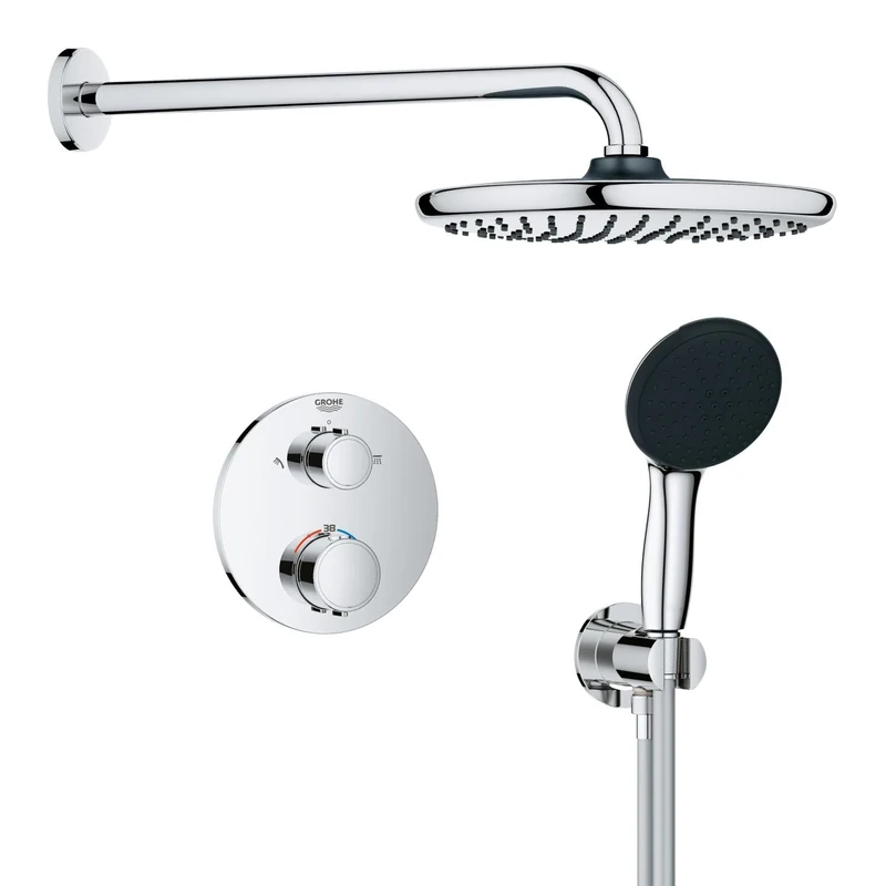 GROHE Precision Round - Concealed Shower System with 2 Outlets Thermostat (25 cm Round Head Shower 1 Spray, 11 cm Round Hand Shower 2 Sprays, Shower Hose 1.5 m, Circular Trim), Chrome, 34883000