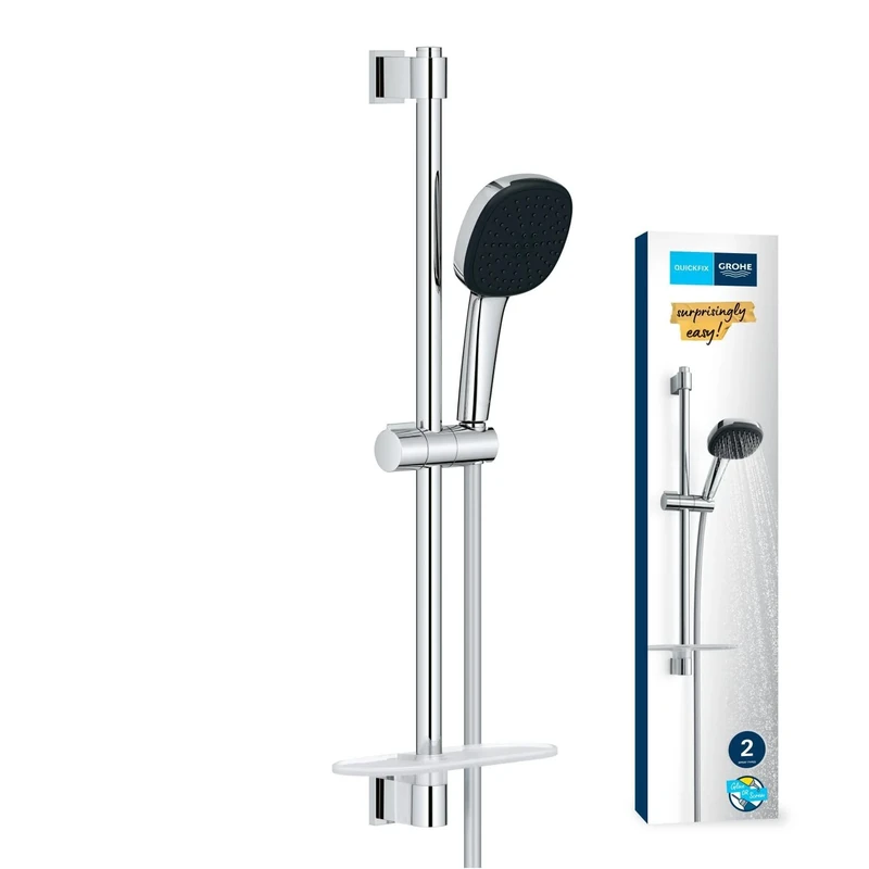 GROHE Vitalio Comfort 110 - Shower Set (Square 11 cm Hand Shower 2 Spray: Rain & Jet, Shower Hose 1.75m, Rail 60cm with Tray, Anti-Limescale System), Easy to Fit with GROHE QuickGlue, Chrome, 26929001