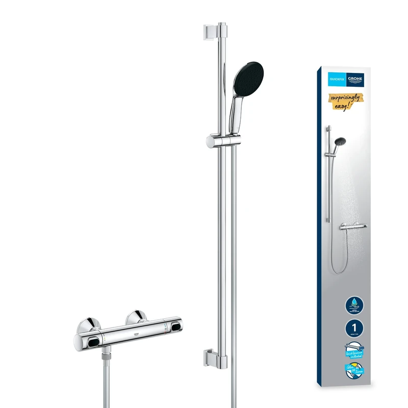 GROHE Precision Flow - Exposed Thermostatic Shower Set (Round 11 cm Hand Shower, 1 Spray: Rain, Hose 1.75 m, Rail 90 cm, Safety Functions, Water Saving), Chrome, 34805001