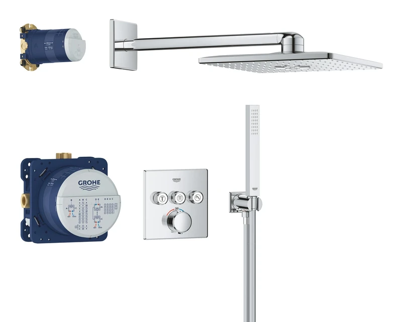 GROHE Precision SmartControl - Concealed Shower System with 3 Valves Thermostat (SmartActive 31cm Head Shower 2 Sprays, Cube Stick Hand Shower 1 Spray, Hose 1.5m, Square Trim), Chrome, 34875000