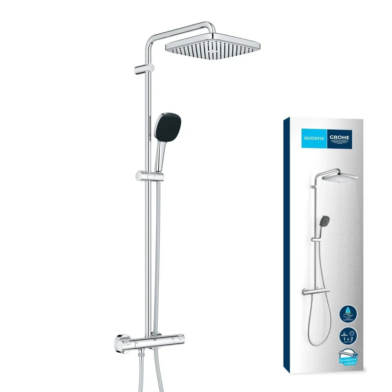 GROHE Vitalio Comfort 250 – Wall Mounted Shower System with Thermostat (Square 25cm Head Shower 1 Spray: Rain, Square 11cm Hand Shower 2 Sprays: Rain & Jet, Hose 1.75m, Water Saving), Chrome, 26696001