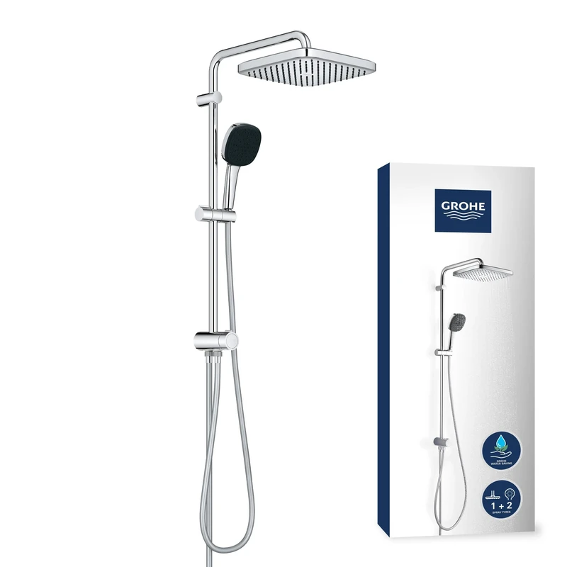 GROHE Vitalio Comfort 250 Flex - Shower System with Diverter (Square 25cm Head Shower 2 Spray Rain & SmartRain, Square 11cm Hand Shower 2 Spray: Rain & Jet, Hose 1.5m, Water Saving), e, 26698001