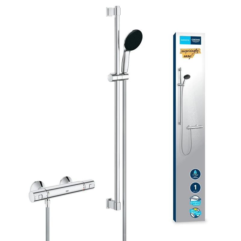 GROHE Precision Start - Exposed Thermostat Shower Set (Round 11 cm Hand Shower 1 Spray: Rain, Shower Hose 1.75 m, Shower Rail 90 cm, Safety Functions, Water Saving), Chrome, 34854001