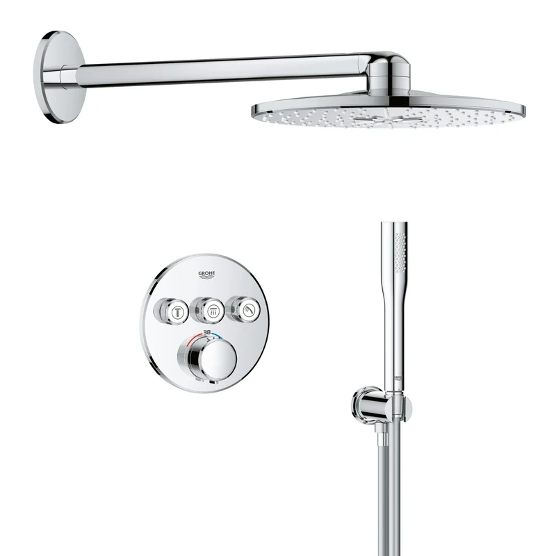 GROHE Precision SmartControl - Concealed Shower System with 3 Valves Thermostat (SmartActive 31 cm Head Shower 2 Sprays, Stick Hand Shower 1 Spray, Hose 1.5 m, Circular Trim), Chrome, 34874000