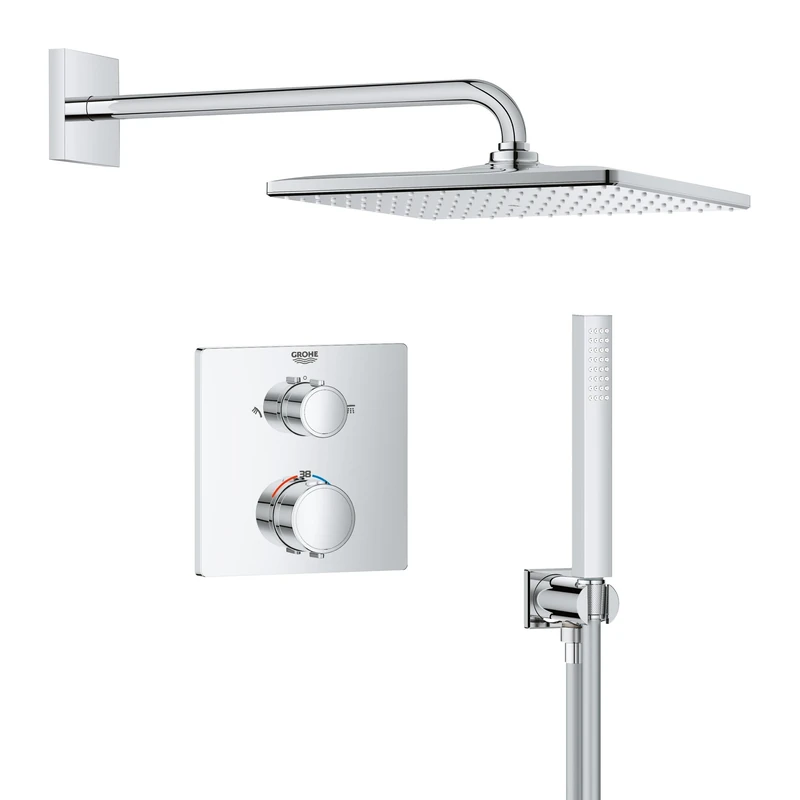 GROHE Precision Cube - Concealed Shower System with 2 Outlets Thermostat (Cube 31 cm Head Shower Mono Rain Spray and Stick Hand Shower 1 Spray, Hose 1.5 m, Square Trim, Chrome, 34881000