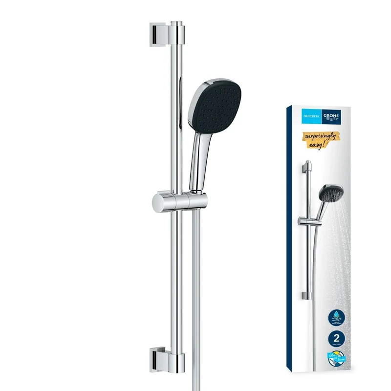GROHE Vitalio Comfort 110 QuickFix - Shower Set (Square 11cm Hand Shower 2 Sprays: Rain and Jet, Hose 1.75m, Rail 60cm, Extra Water Saving), Easy to Fit with GROHE QuickGlue, Chrome, 2639810E