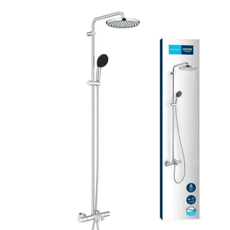 GROHE Vitalio Start 250 – Exposed Thermostatic Bath Shower with Aquadimmer Function (Round 25cm Head Shower 1 Spray: Rain, Round 11cm Hand Shower 2 Sprays: Rain & Jet, Water Saving), Chrome, 26988001