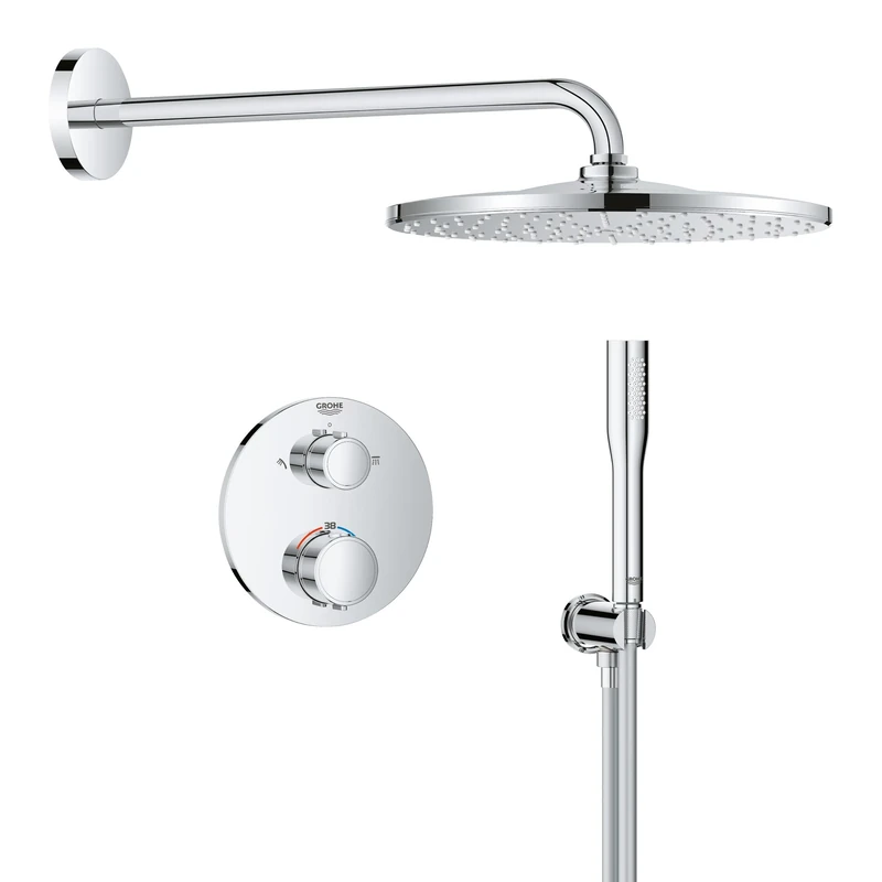 GROHE Precision Round Concealed Shower System with 2 Outlets Thermostat (31 cm Round Head Mono Rain Spray, Stick Hand Shower 1 Spray, 1.5m Shower Hose, Circular Trim), Chrome, 34880000