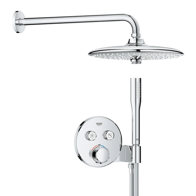 GROHE Precision SmartControl – Concealed System with 2-Valve Thermostat (26 cm Overhead 3-Spray, Stick Hand Shower 1-Spray, 1.5 m Hose, Circular Trim), Chrome, 34878000