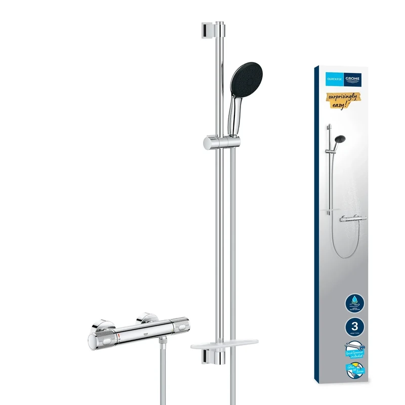 GROHE Precision Feel - Exposed Thermostat Shower Set (Round 11 cm Hand Shower 3 Sprays: Rain, Jet & Massage, Shower Hose 1.75 m, Rail with Tray 90 cm, Safety Functions, Water Saving), Chrome, 34853001