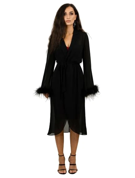 BALOU Elegant Long Sleeve Chiffon Ostrich Feather Trim Wrap Dress: Perfect Cocktail Attire for Women with Flared Sleeves Black