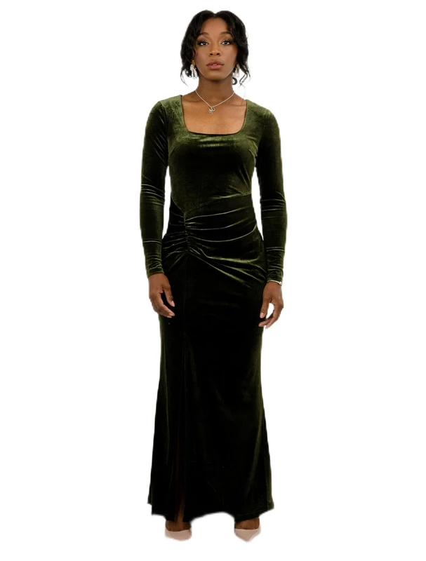 BALOU Elegant Emerald Green Velvet Dress for Women - Ruched Wrap, Thigh-High Slit, Long Sleeve, Perfect for Parties and Cocktail Evenings