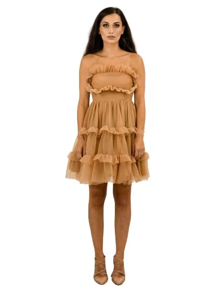 BALOU Womens Tulle Frill Dress, Beige, 12 UK