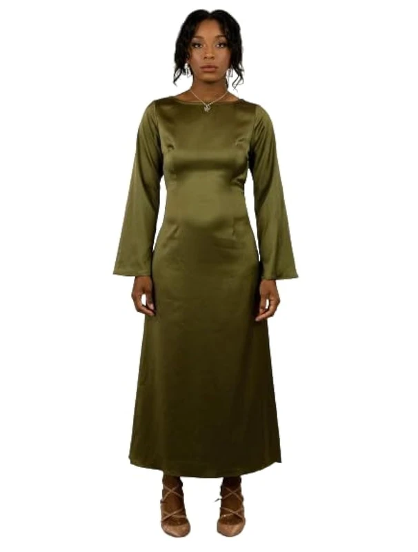 BALOU Green Silk Dress for Women | Backless, Long Sleeves, A-line Silhouette | Perfect for Wedding and Special Occasions | Cocktail Long Dresses | Elegant Party Wear for Women | Sexy Dress for Ladies