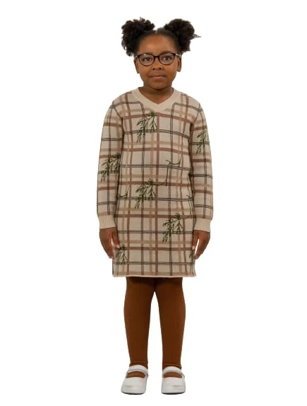 BALOU Girls Long Sleeve Knee Length V Neck Plaid Knit Dress Brown