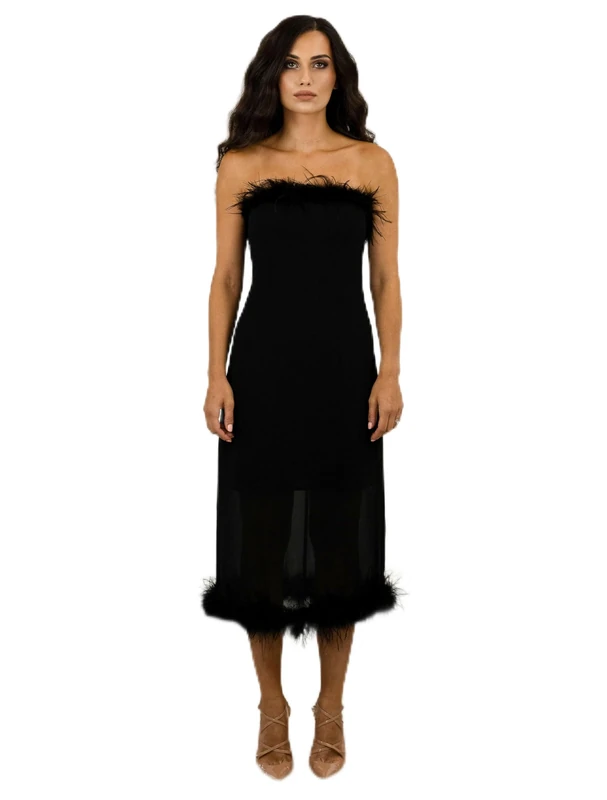 BALOU Fall Elegance: A-Line Chiffon Midi Dress with Ostrich Feather Trim - Your Perfect Party Dress for Womenv Black