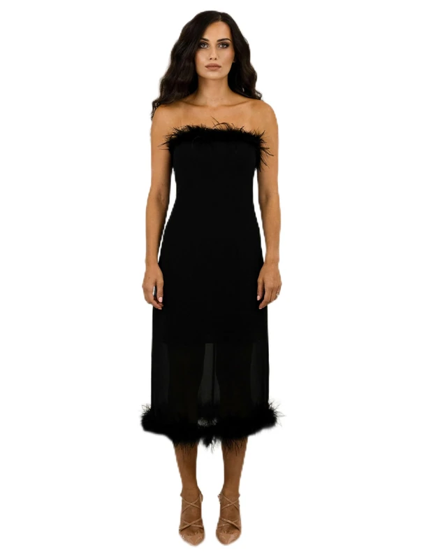 BALOU Fall Elegance: A-Line Chiffon Midi Dress with Ostrich Feather Trim - Your Perfect Party Dress for Women Black