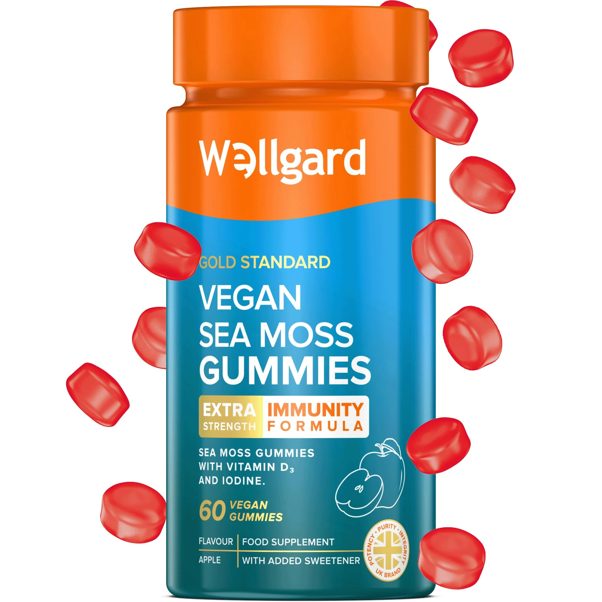 Wellgard Vegan Sea Moss Gummies, Formulated for Immunity with Iodine, Vitamin D3, Vitamin C, 60 Gummies