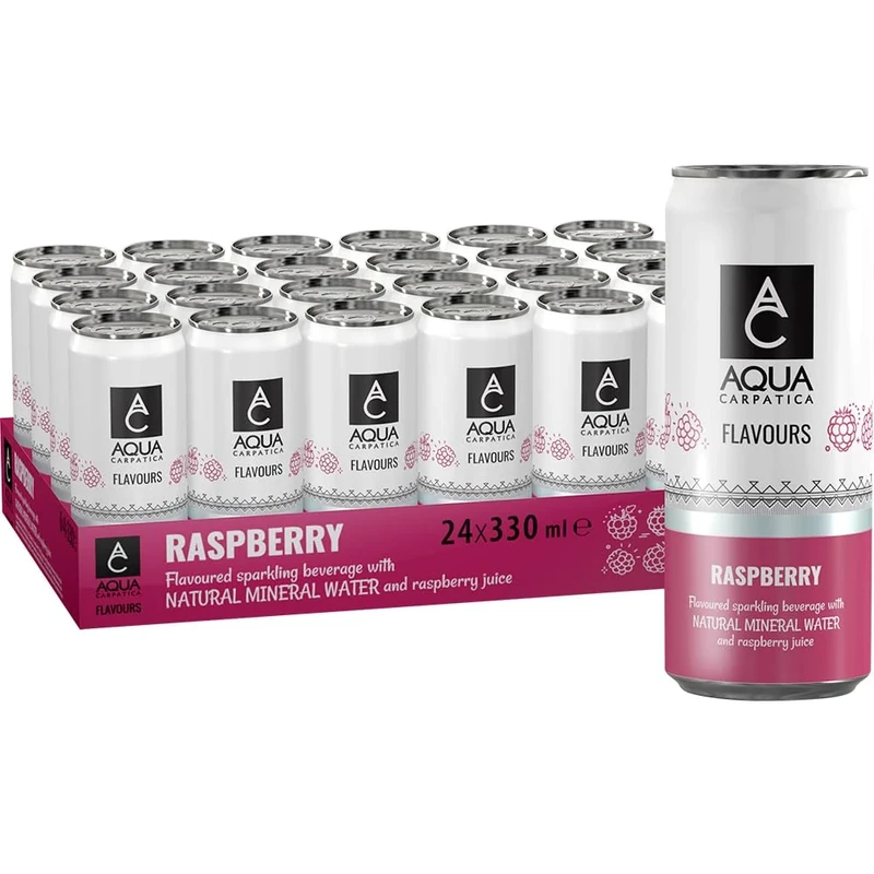 AQUA Carpatica Sparkling Flavours Raspberry 330ml x 24 - Natural Fruit Juice Infused Sparkling Water, No Added Sugar, Naturally Alkaline, Sweetened with Agave Syrup, Rich in Minerals