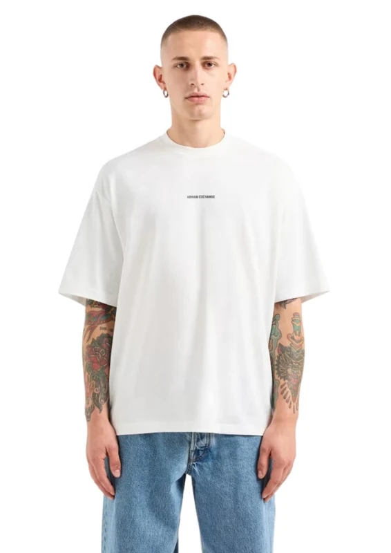 Armani Exchange Men's The Grid, Sustainable, Printed Logo Lettering T-Shirt, Off White, XS