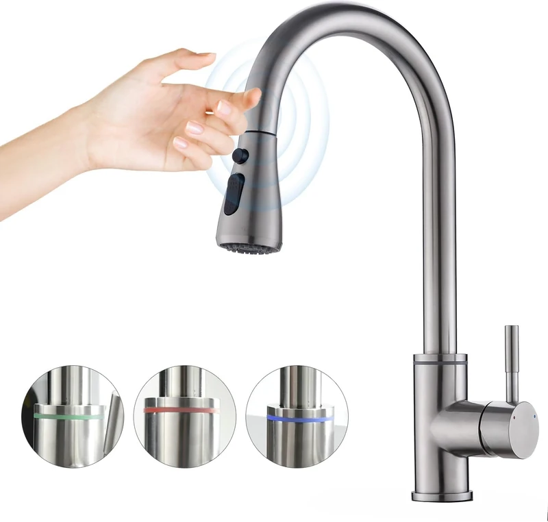 Homesbrand Silvery Brushed Stainless Steel Kitchen Sink Tap with LED Display, Touch Control, 360° Swivel, Pull-Out Spray, 3 Spray Modes, Temperature Adjustment Faucet (Silvery+LED+Touch Control)
