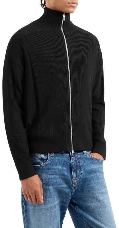 Armani Exchange Men's The Grid, Sustainable, Logo Zip Cardigan Sweater, Black, X-Small