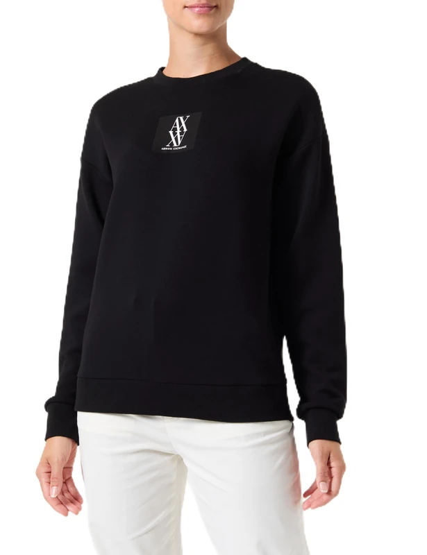 Armani Exchange Women's Square Logo, Round Neck Sweatshirt, black, XS
