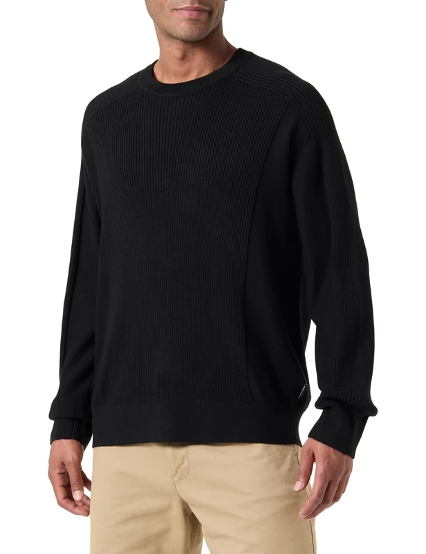 Armani Exchange Men's The Grid, Sustainable, Ribs and Reverse Jersey Stitch Pullover Sweater, Black, L