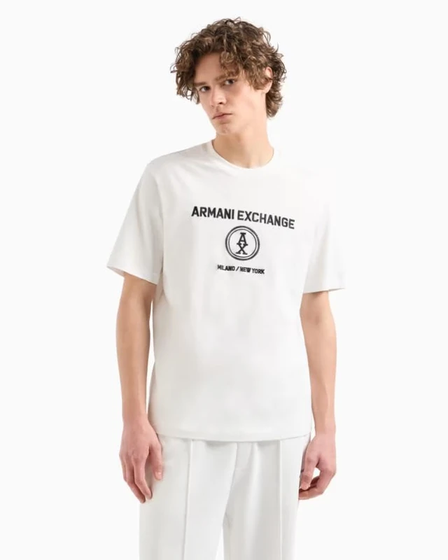 Armani Exchange Men's The Grid, Sustainable, Embroidered Front Logo T-Shirt, Off White, XS