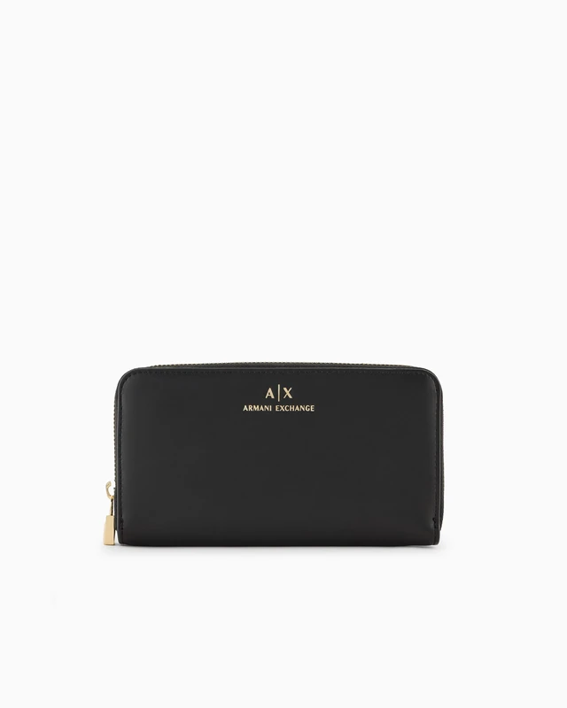 Armani Exchange Women Jane, Sustainable, Gold Printed Logo Tri-Fold Wallet, Black, One Size