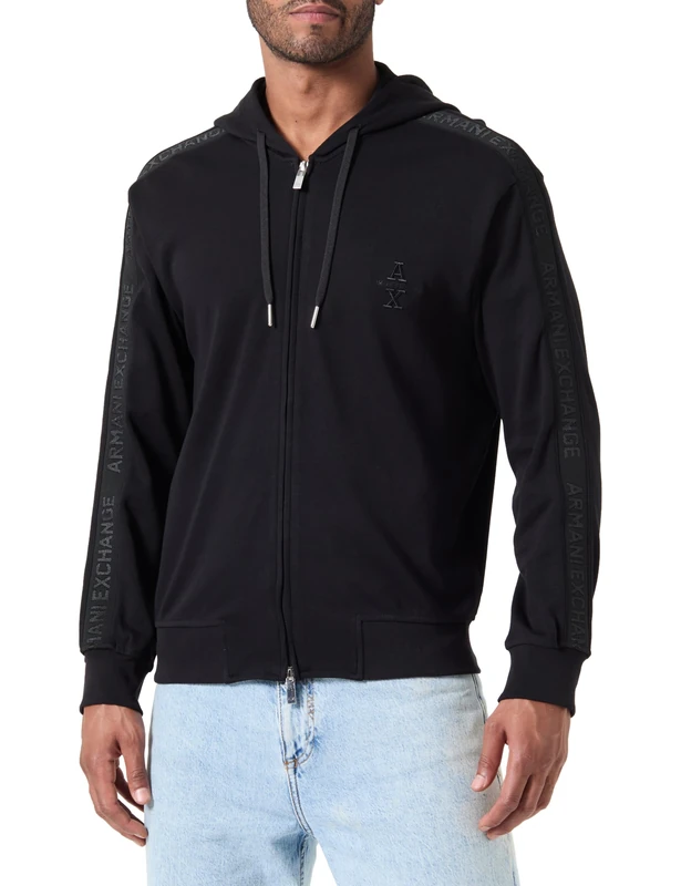 Armani Exchange Men's The Grid, Sustainable, Logo Tape Hooded Sweatshirt, black, XS