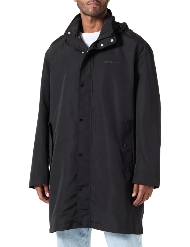 Armani Exchange Men's The Grid, Printed Logo Lettering Caban Coat, Black, S