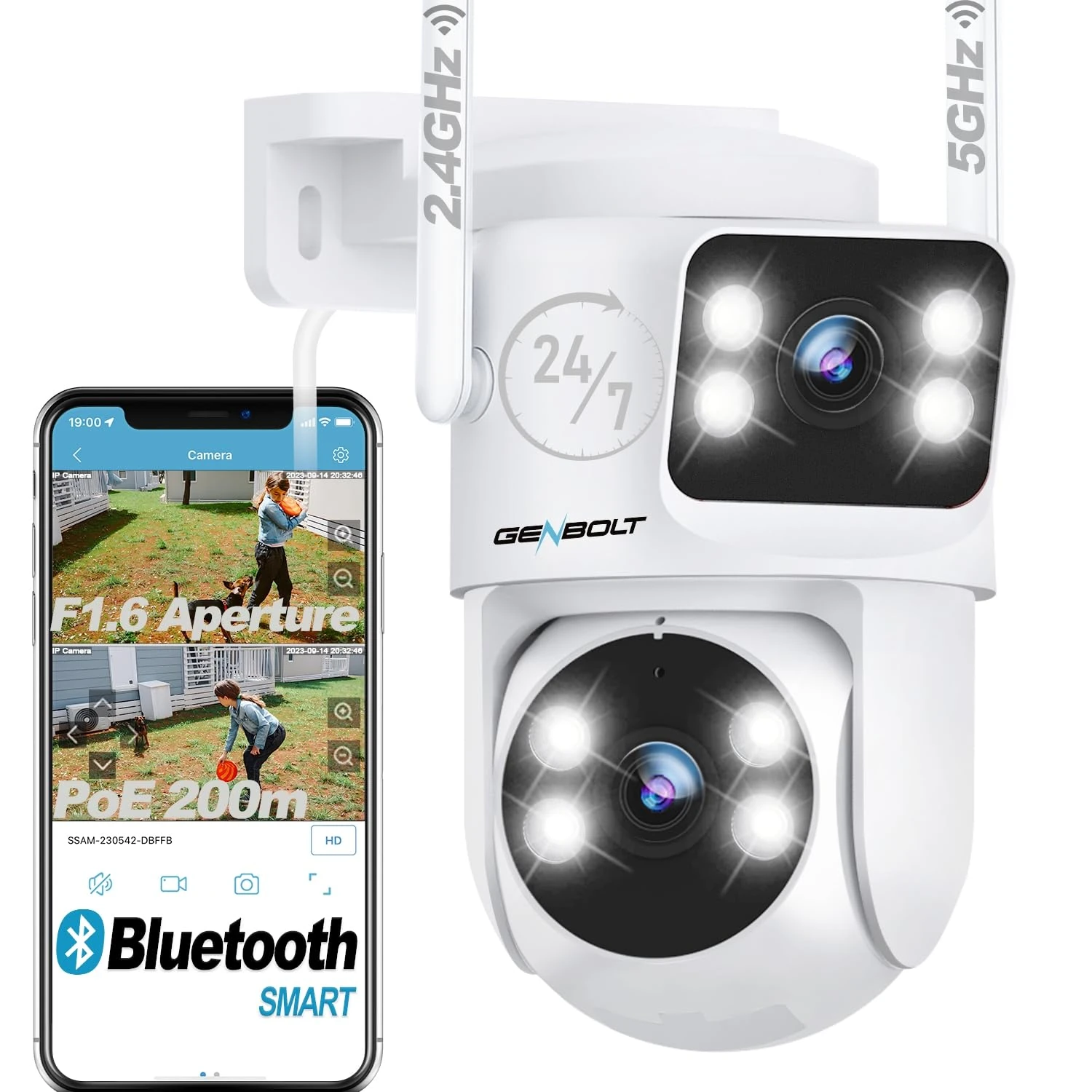 GENBOLT WiFi Security Camera Outdoor Dual Lens, 2.4/5GHz PoE Camera with Dual View, CCTV IP Camera 7/24 Recording Cloud Storage Upgraded with Color Night, Auto Tracking Humanoid Detection [DC&PoE]