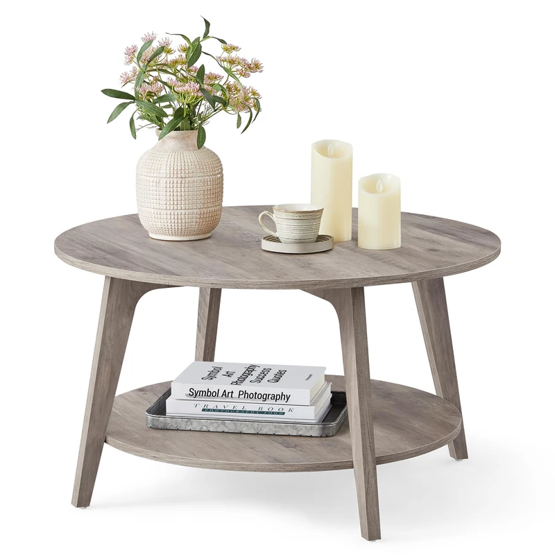 VASAGLE Coffee Table, 2 Tier Round Coffee Table with Storage, for Living Room, 80 x 45 cm, Easy to Assemble, Heather Greige LCT243K02