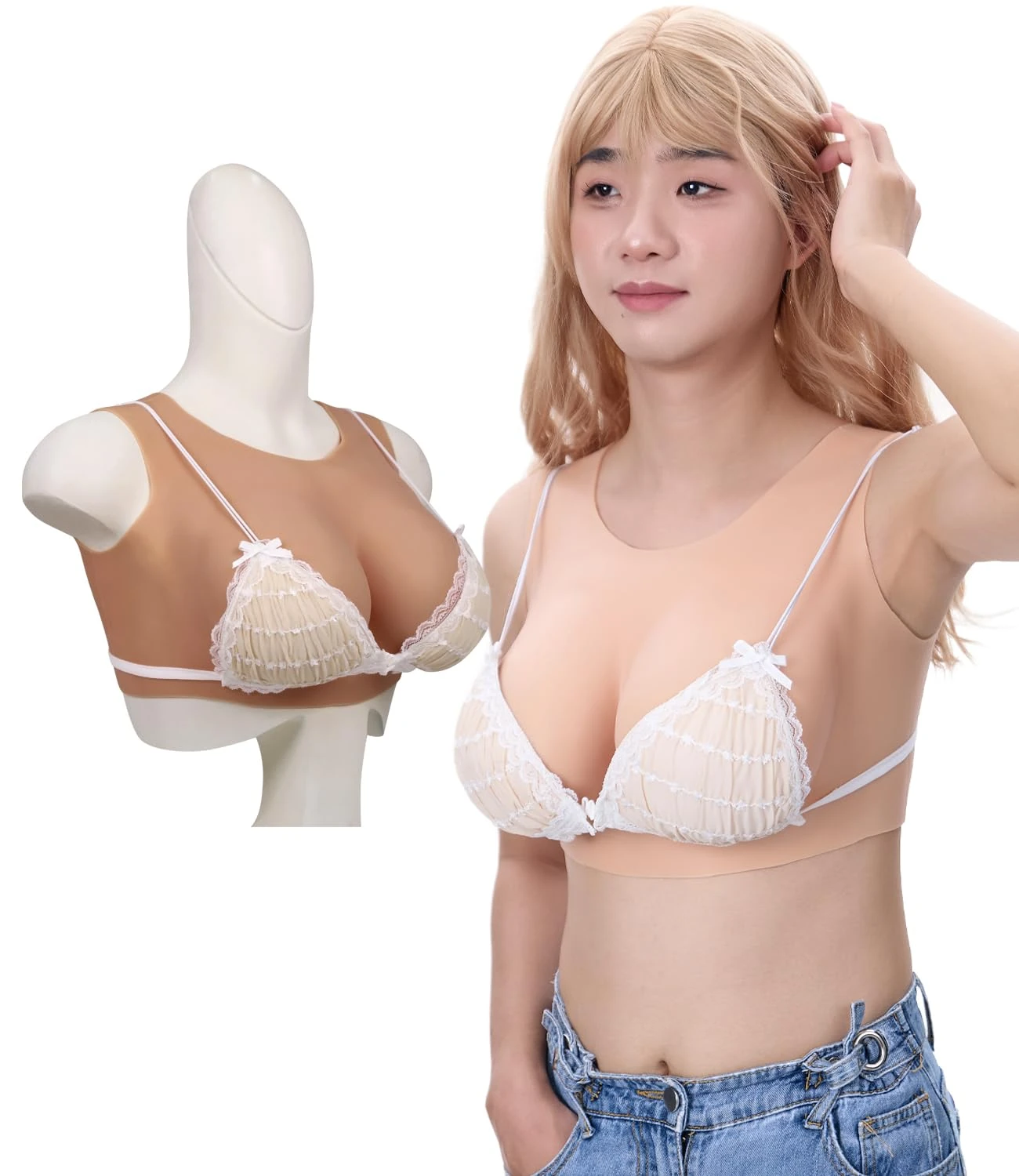 Peikey Breastplate Silicone Round Collar Breast Forms with Bra B-G CUP Breast Plates for Crossdressers Drag Queen Mastectomy,Nude,G CUP