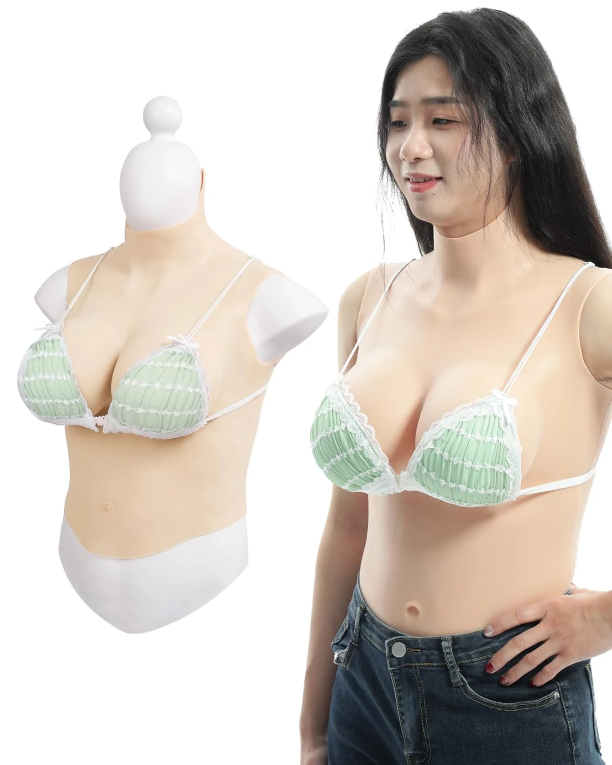 Peikey Silicone Breastplate Half Body with Bra Breast Forms C-G CUP Breast Plates for Crossdressers Drag Queen, White, G CUP