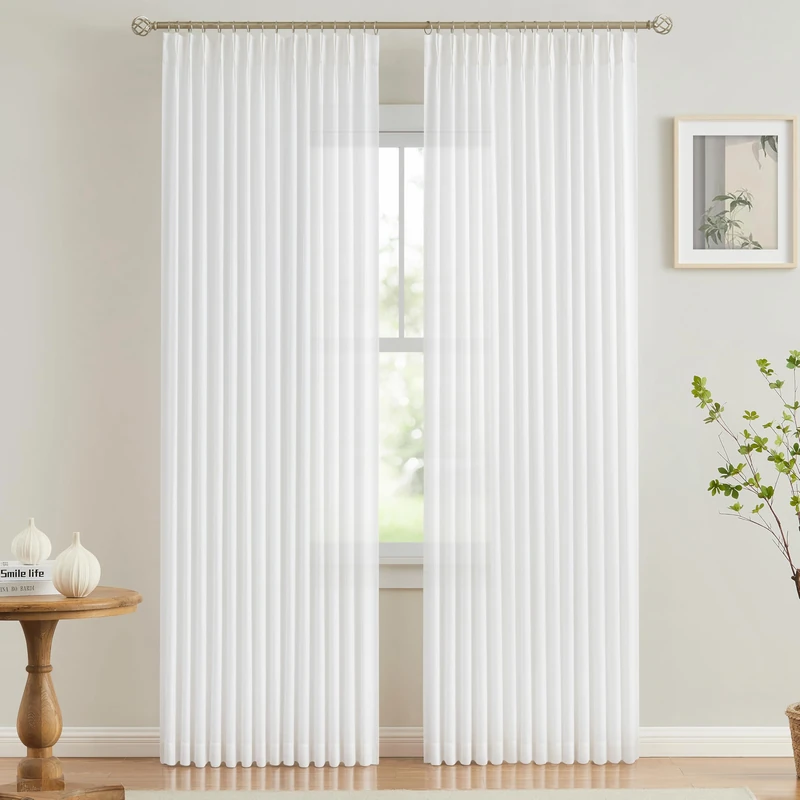 Vision Home White Pinch Pleated Semi Sheer Curtains Textured Light Filtering Window Curtains 90 inch for Living Room Bedroom Rayon Blended Pinch Pleat Drapes with Hooks 2 Panels 40" Wx90 L
