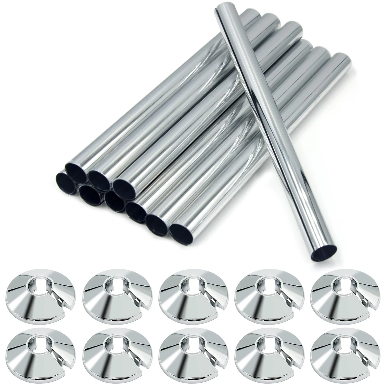 10 PCS Radiator Pipe Covers and Collars, 15mm x 200mm and 16mm Chrome Coverings for Radiator Pipe (Silver)