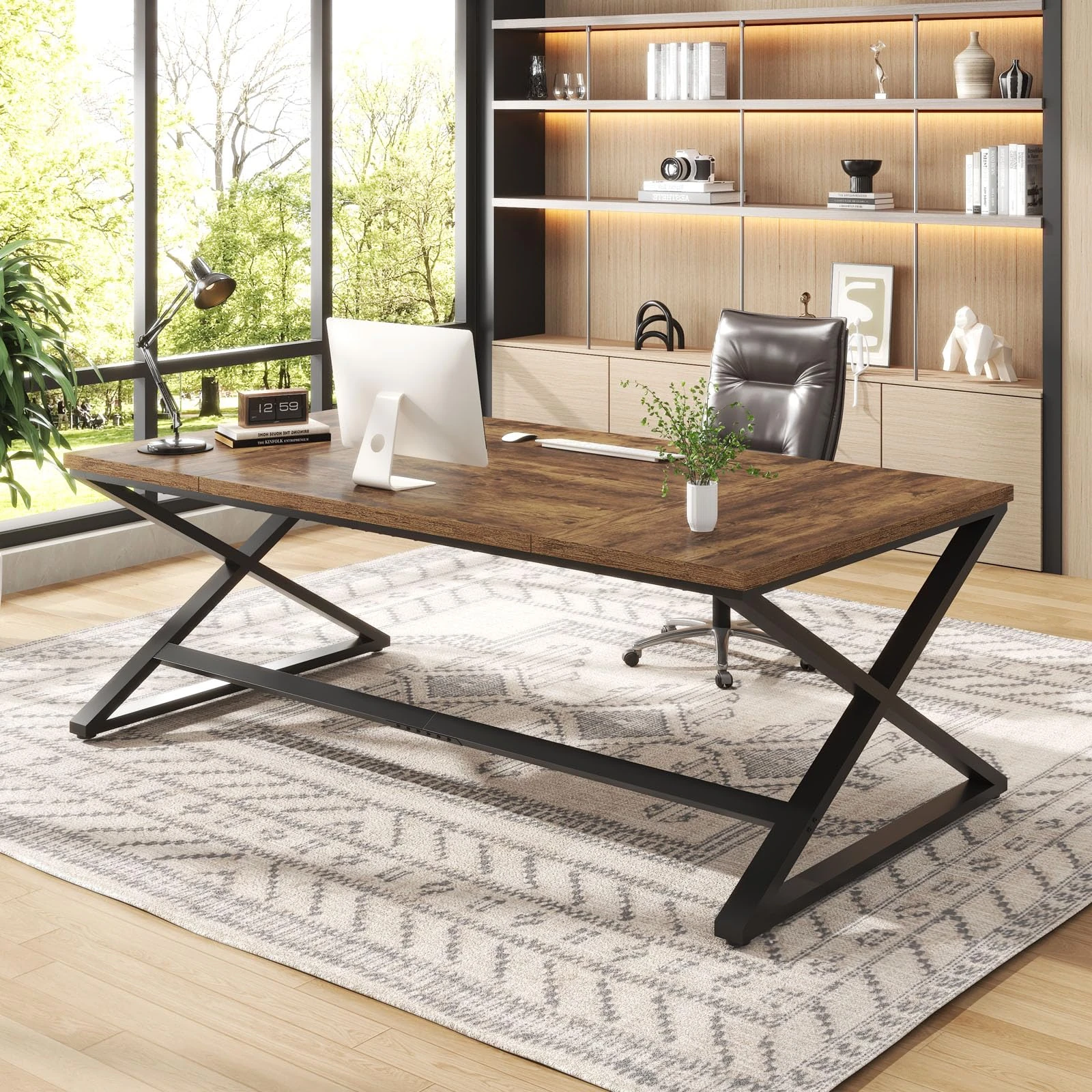 IBF 70.8" Rustic Computer Desk, Extra Long Wood Office Desk for Home, Industrial Metal Large Work Study Writing Table, Dual Monitor Pc Workstation Computer Table for Two Person, Rustic Brown