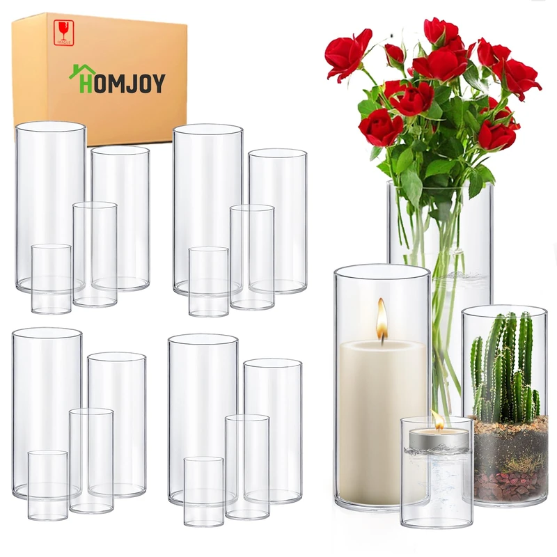 16 Pack Glass Cylinder Vases 4,6,8,10 Inch Tall Clear Flower Vase Hurricane Floating Candle Holder for Table Centerpiece Wedding Home Decor